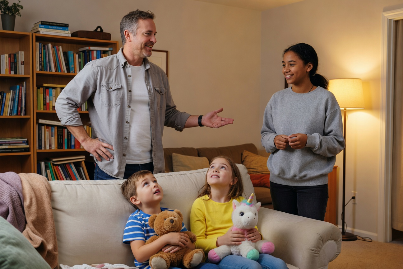 A parent introducing a teen sitter to their two children at home