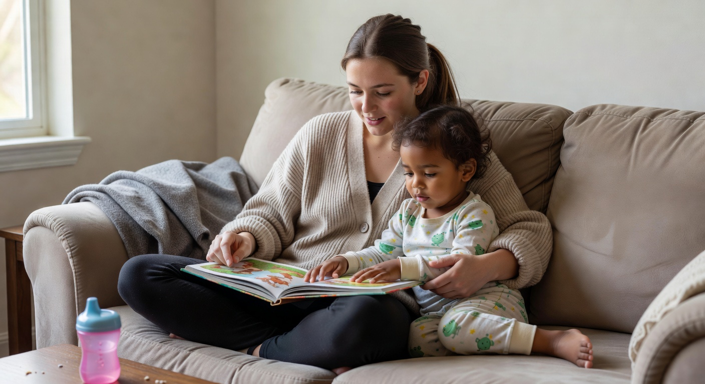 A teen babysitter reading a story to a young child on the couch