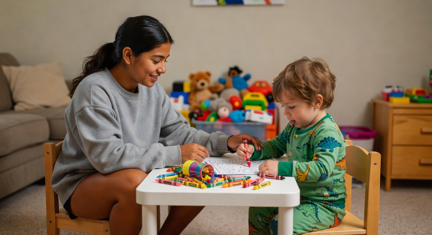 A teen helper making breakfast with two young children in a kitchen