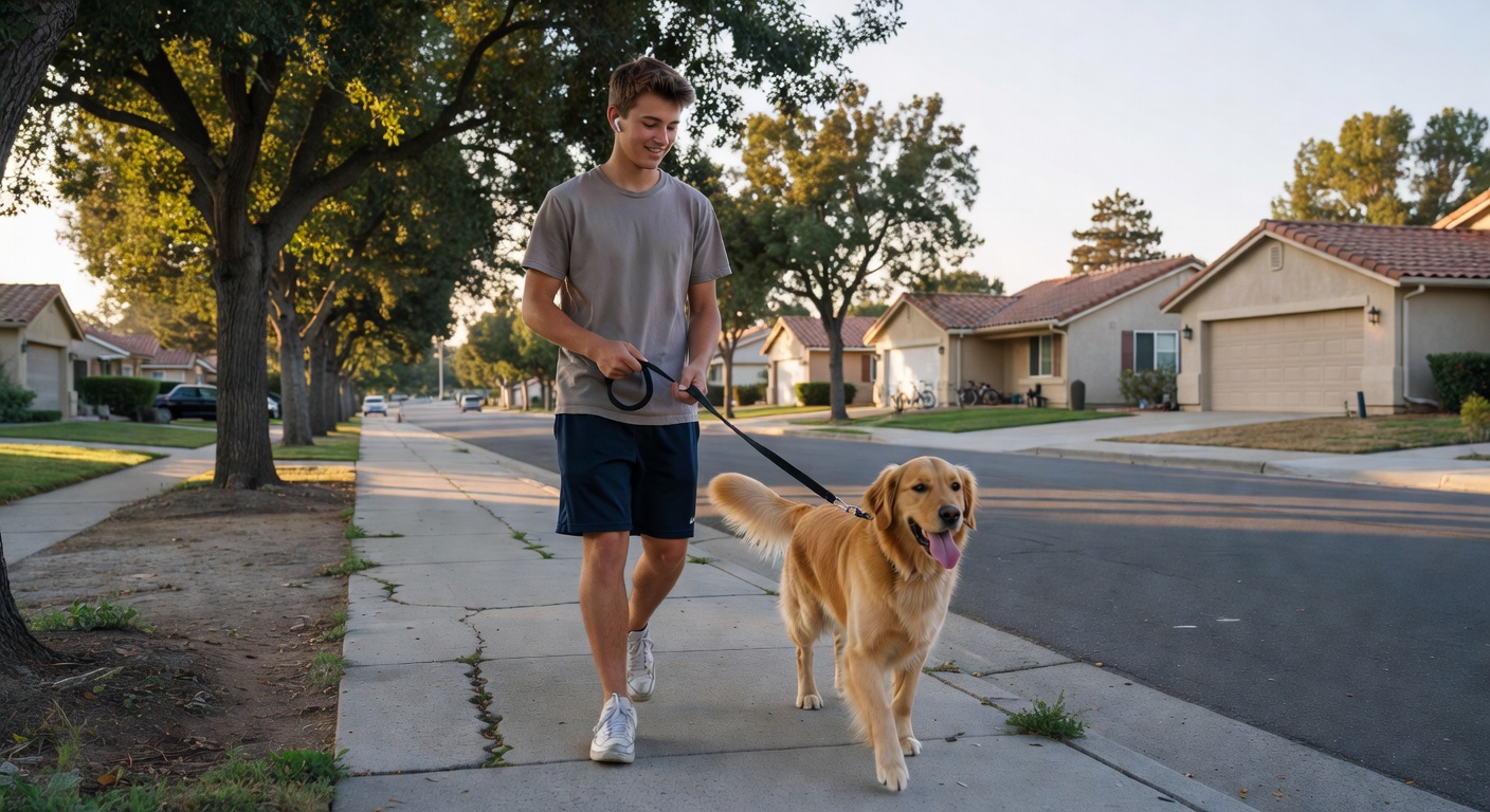 A teen walking a golden retriever in a quiet neighborhood