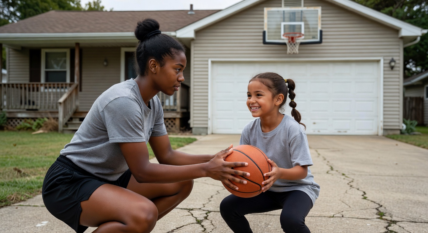 A teen athlete coaching a younger child with a basketball on the driveway