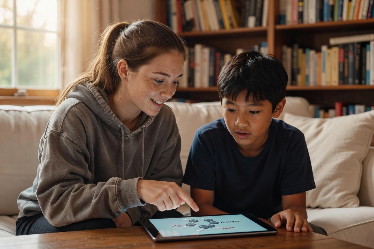 A teen tutor helping a younger student with a science lesson on a tablet