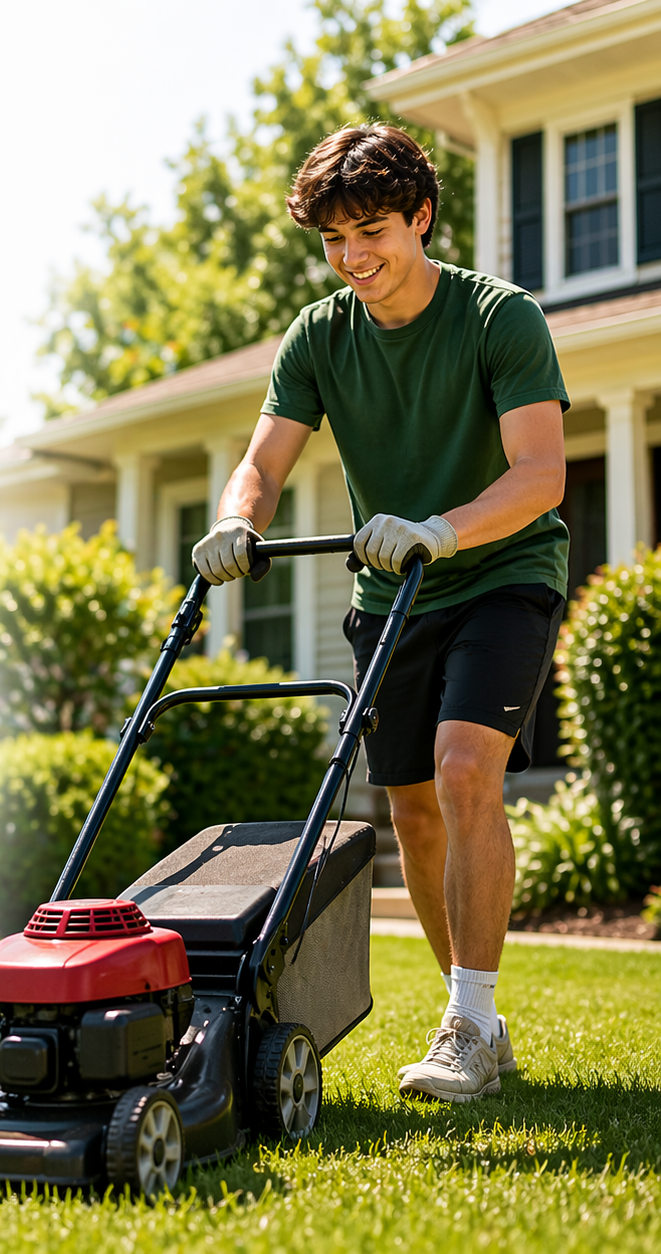A smiling teen mowing the front lawn on a sunny day
