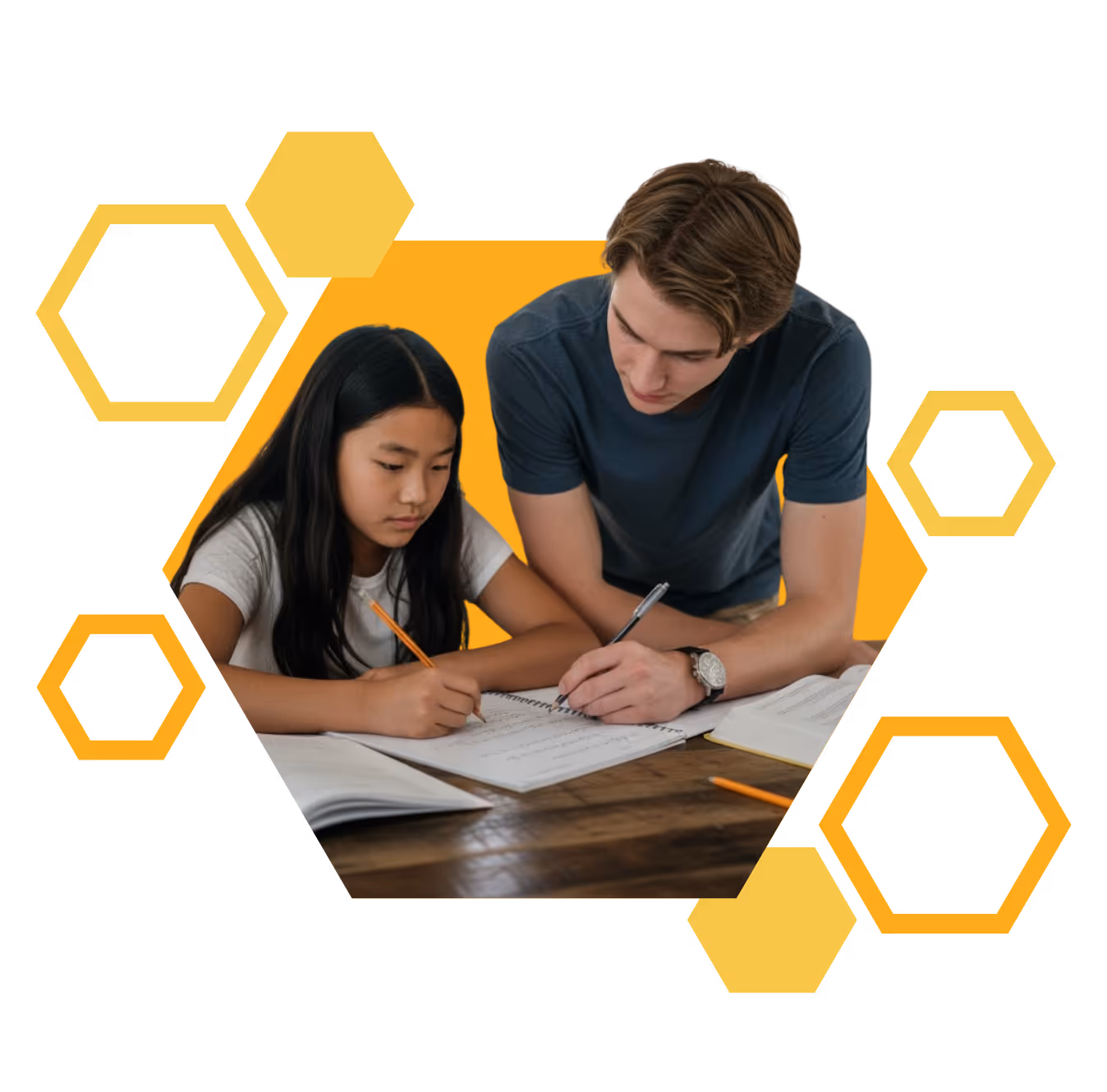 A teen tutor working with a younger student